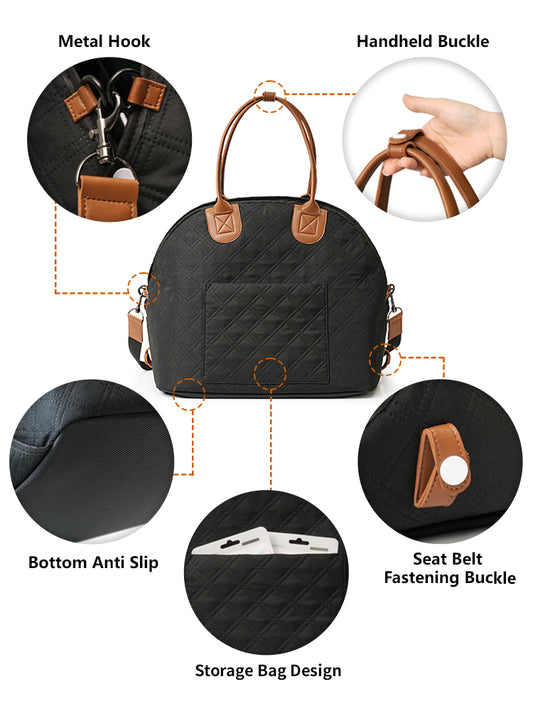 High Quality Black pet travel bag with labeled features – shoulder strap, ventilation, and inner pad