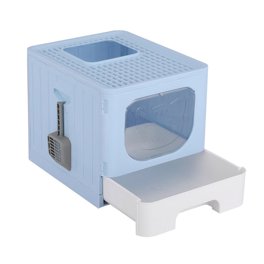 Foldable Hooded Cat Litter Box with Tray, Scoop & Cover – Blue