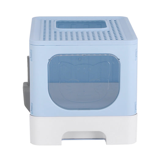 Foldable Hooded Cat Litter Box with Tray, Scoop & Cover – Blue