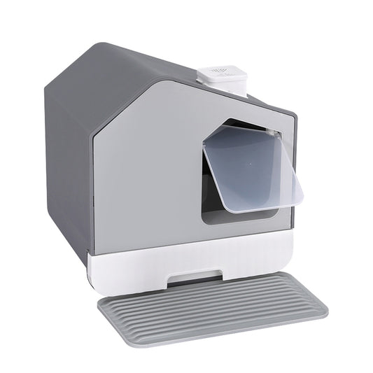 Large Hooded Cat Litter Box with Scoop, Tray & Mat – Grey Toilet