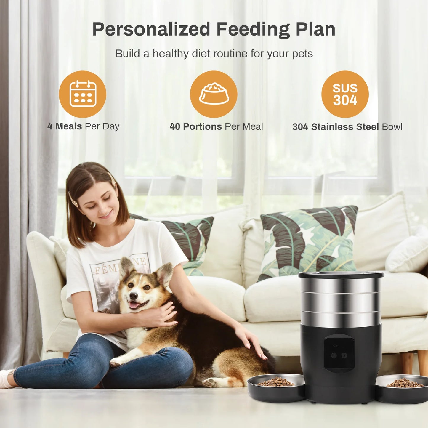 4.5L Button WiFi Automatic Pet Feeder Includes Two Stainless Steel Bowls