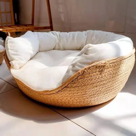 Hand-Woven Pet Bed with Removable Cushion – Cozy & Breathable Design
