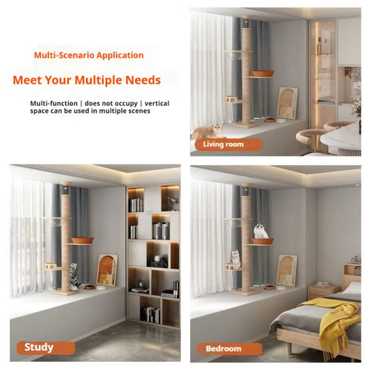 Adjustable Wooden Cat Tree – Floor-to-Ceiling Tower with Hammock & Post