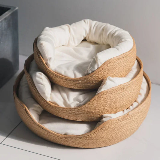 Hand-Woven Pet Bed with Removable Cushion – Cozy & Breathable Design