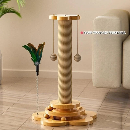 Solid Wood Cat Turntable Toy – 3-Tier Sisal Scratching Post & Balls