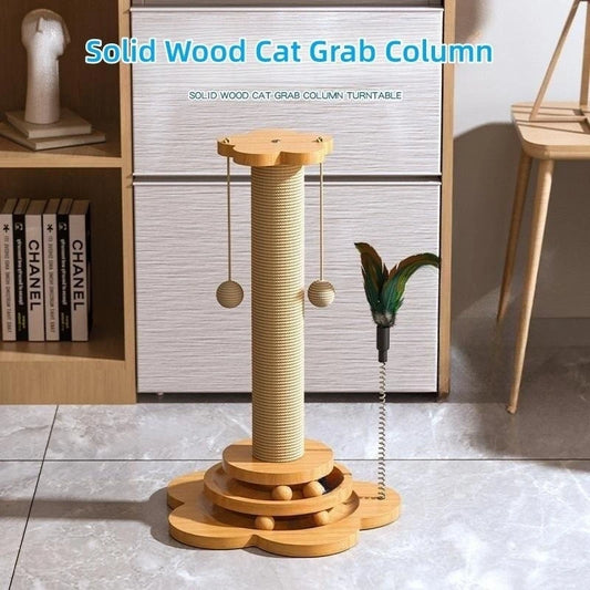 Solid Wood Cat Turntable Toy – 3-Tier Sisal Scratching Post & Balls
