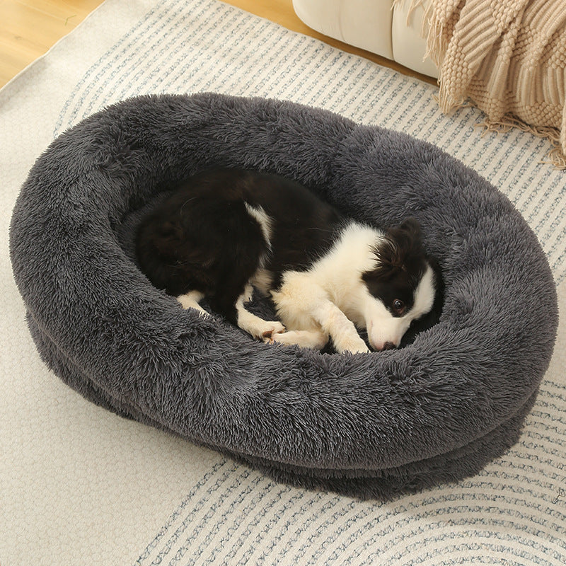 Fluffy Donut-Shaped Pet Bed- Soft, Cozy, and Anti-Anxiety for Dogs and Cats, Machine Washable Size: L 90*65*20cm
