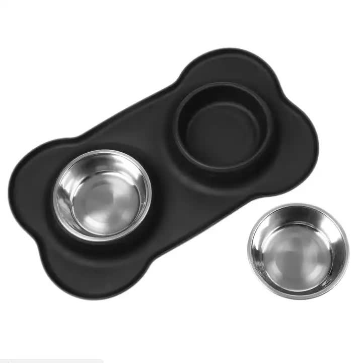 Non-Slip Stainless Steel Double Pet Bowl Set with Spill-Resistant Silicone Mat 45*27cm