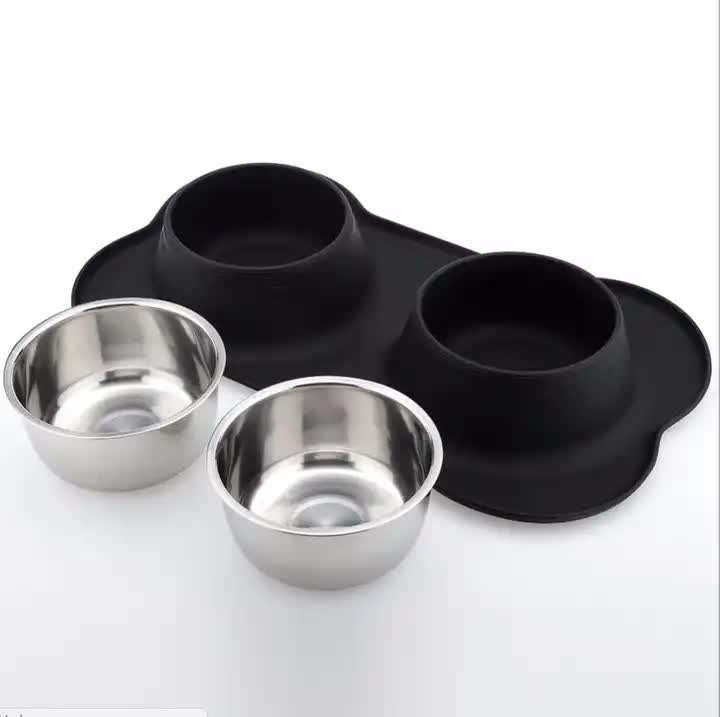 Non-Slip Stainless Steel Double Pet Bowl Set with Spill-Resistant Silicone Mat 45*27cm