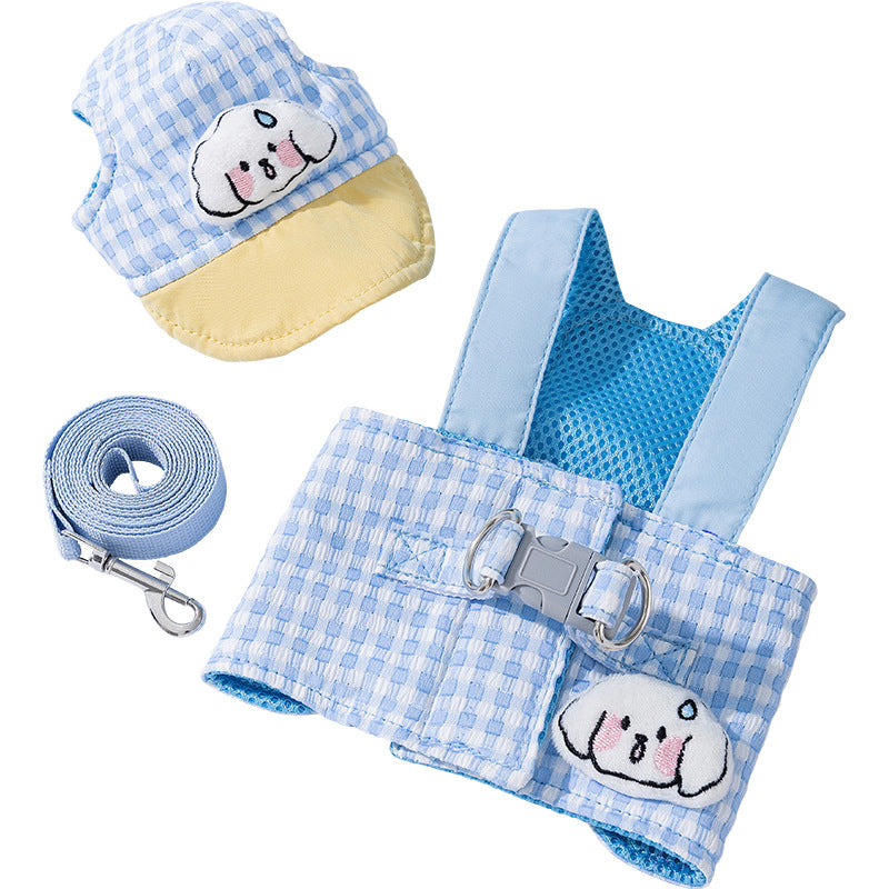 Blue Pet Sun Hat with Adjustable Strap + Leash & Harness 3-Piece Set - Breathable Summer Cap for Dogs & Cats with Ear Holes