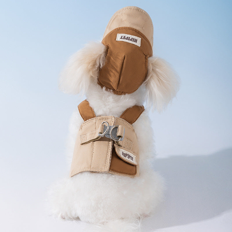 Brown Pet Sun Hat with Adjustable Strap + Leash & Harness 3-Piece Set - Breathable Summer Cap for Dogs & Cats with Ear Holes