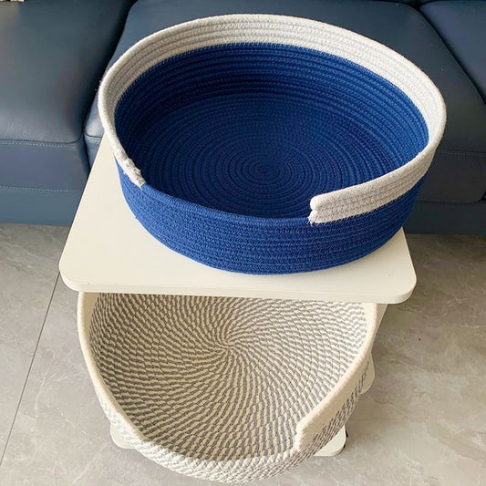 Two-Tone Woven Cat Bed – Cozy Handmade Nest & Storage Basket