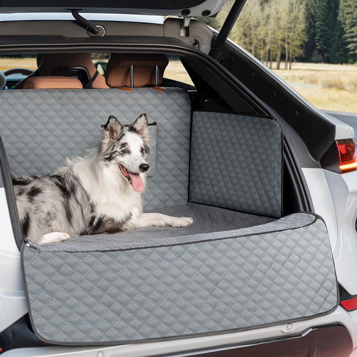Lovely dog sitting on full car boot protector – high quality design for travel