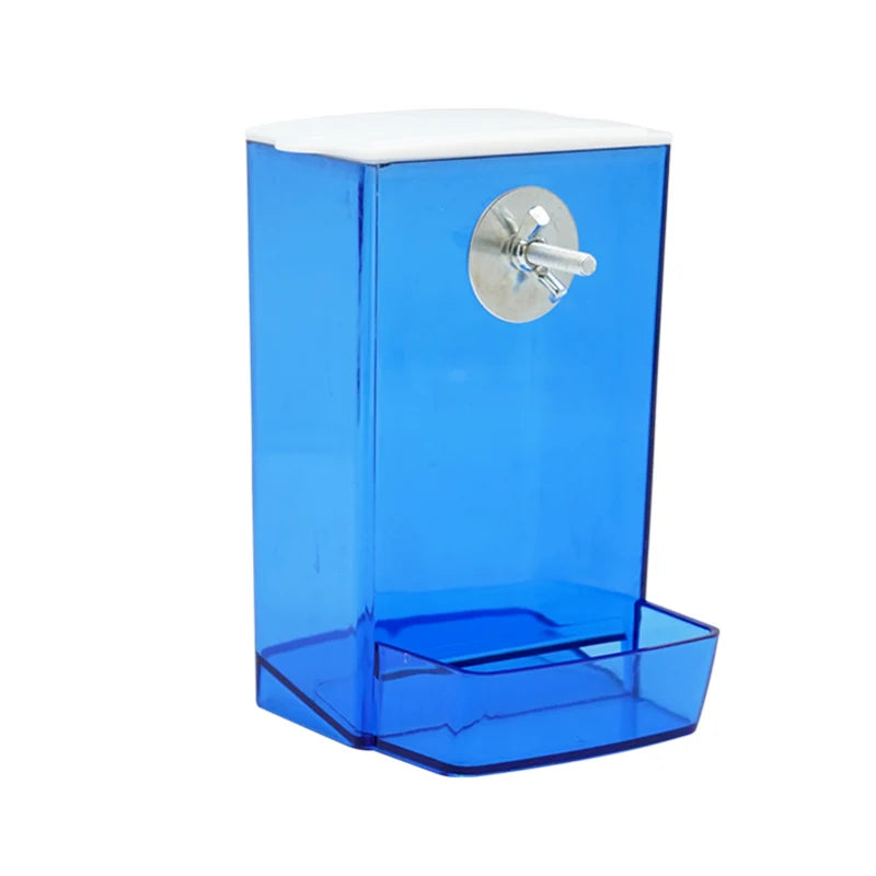 Blue and clear hanging bird feeders – empty seed containers for parakeets