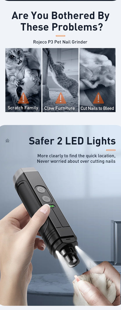 P3 Electric Pet Nail Grinder Professional Dog Nail Clippers + 2 LED Light Rechargeable Cat Claw Nail Grooming Accessories