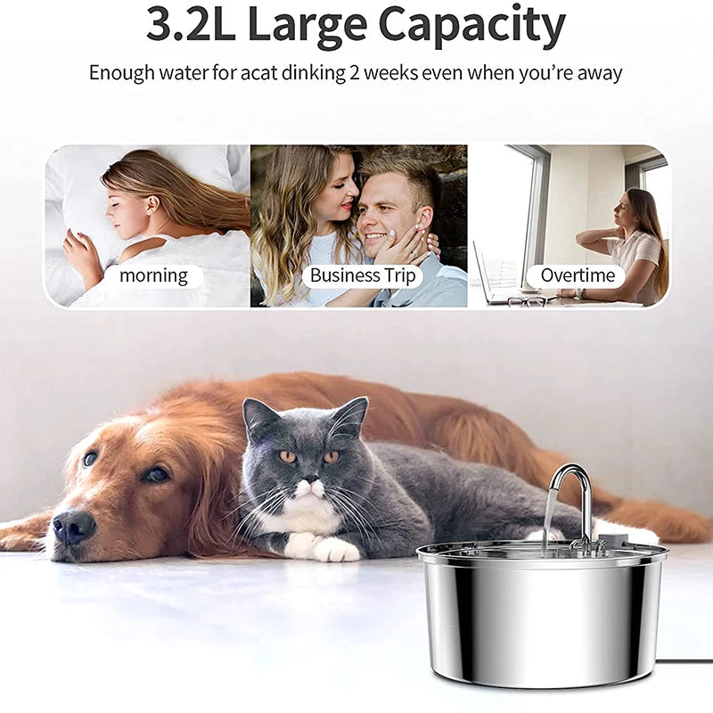 3.2L Stainless Steel Pet Water Fountain – USB Powered with Sensor