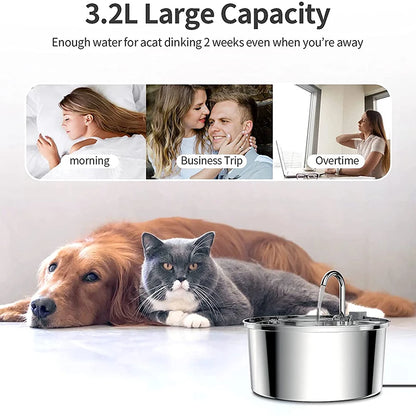 3.2L Stainless Steel Pet Water Fountain – USB Powered with Sensor