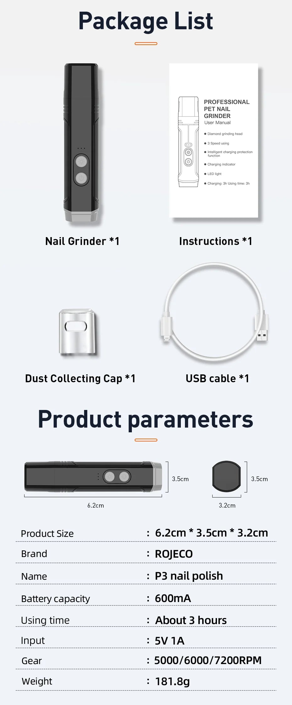 P3 Electric Pet Nail Grinder Professional Dog Nail Clippers + 2 LED Light Rechargeable Cat Claw Nail Grooming Accessories