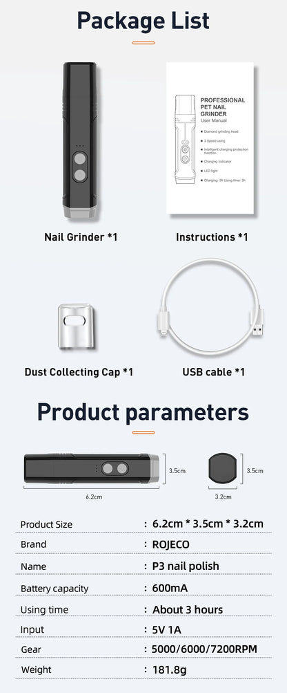 P3 Electric Pet Nail Grinder Professional Dog Nail Clippers + 2 LED Light Rechargeable Cat Claw Nail Grooming Accessories