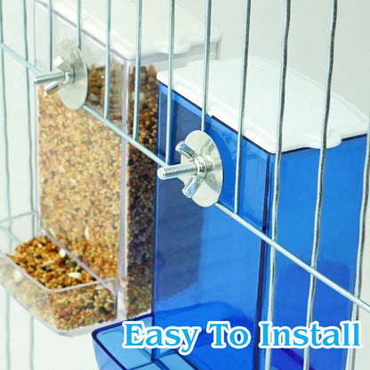 Bird feeder with anti-spill design shown installed in cage – labeled 'Easy to Install