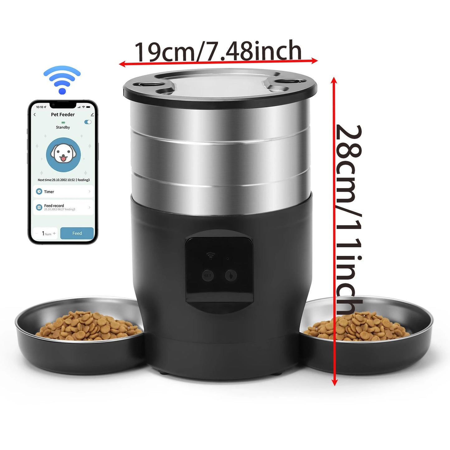 4.5L Button WiFi Automatic Pet Feeder Includes Two Stainless Steel Bowls
