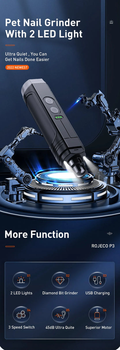 P3 Electric Pet Nail Grinder Professional Dog Nail Clippers + 2 LED Light Rechargeable Cat Claw Nail Grooming Accessories