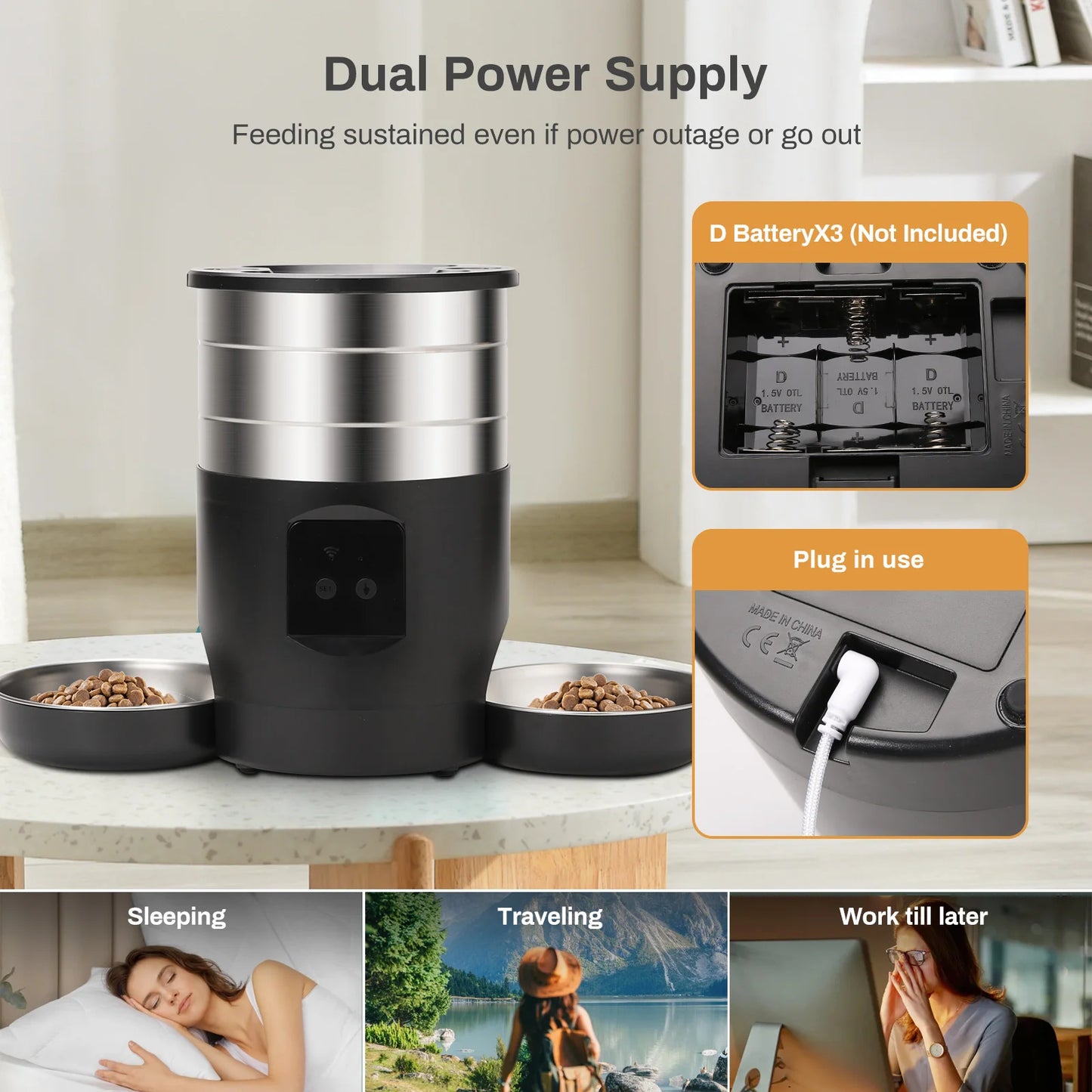 4.5L Button WiFi Automatic Pet Feeder Includes Two Stainless Steel Bowls
