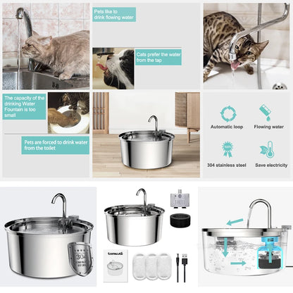 3.2L Stainless Steel Pet Water Fountain – USB Powered with Sensor