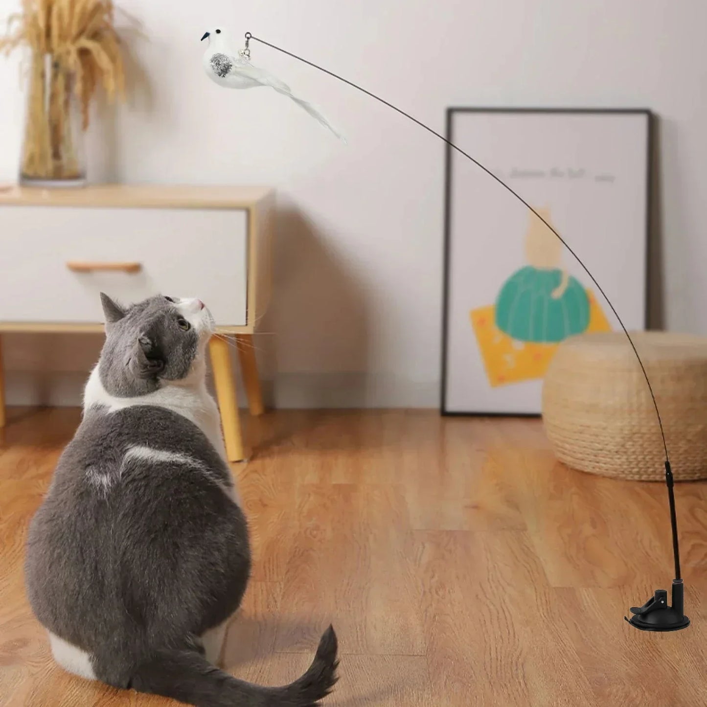 Simulation Bird Cat Toy – Suction Cup Feather Teaser Wand for Play