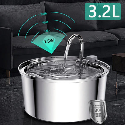 3.2L Stainless Steel Pet Water Fountain – USB Powered with Sensor
