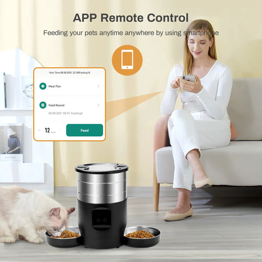 4.5L Button WiFi Automatic Pet Feeder Includes Two Stainless Steel Bowls
