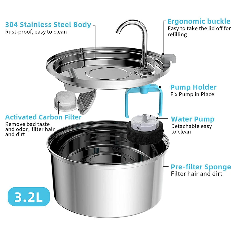 3.2L Stainless Steel Pet Water Fountain – USB Powered with Sensor