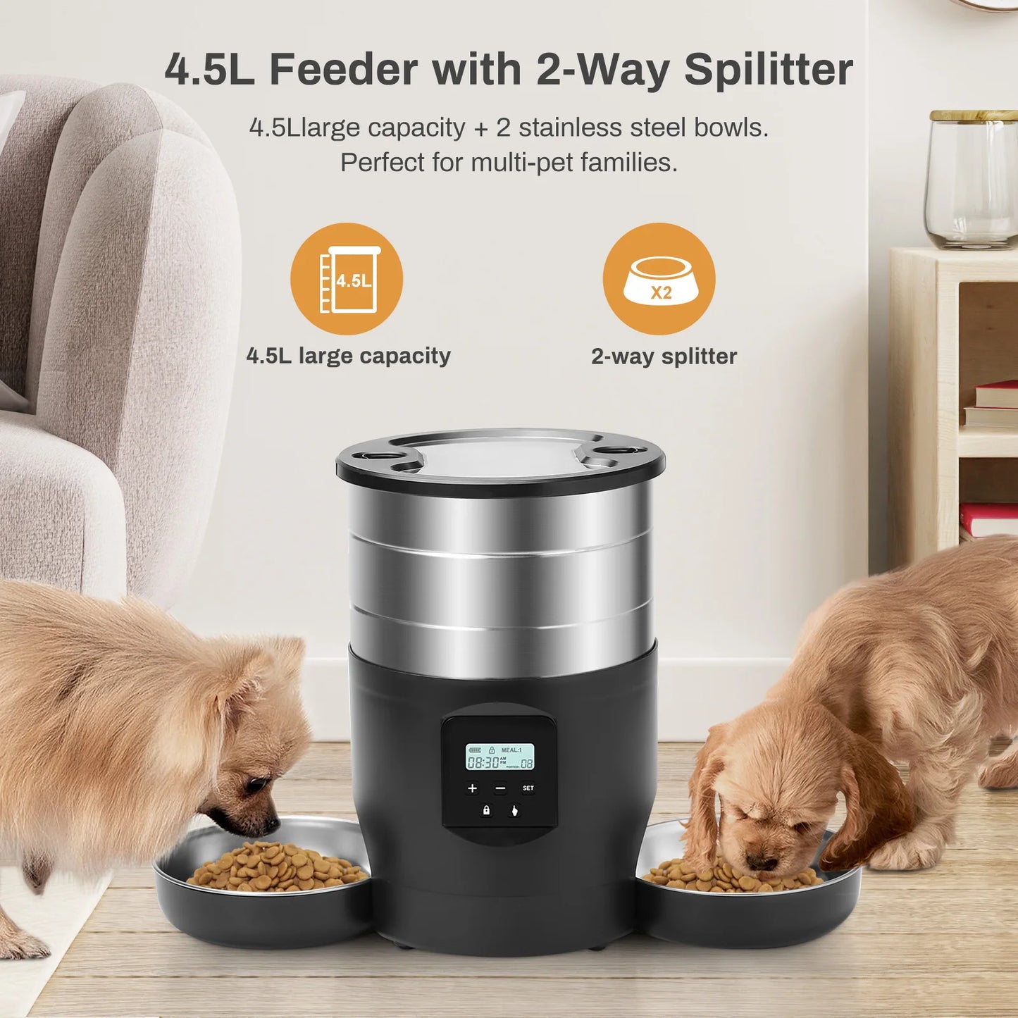 4.5L Button WiFi Automatic Pet Feeder Includes Two Stainless Steel Bowls