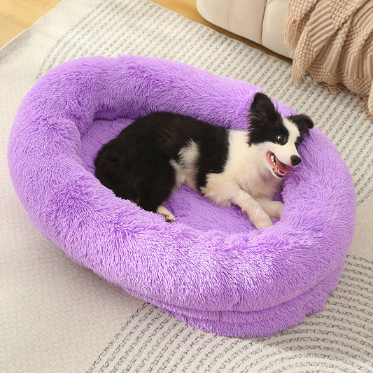 Fluffy Donut-Shaped Pet Bed- Soft, Cozy, and Anti-Anxiety for Dogs and Cats, Machine Washable   Size: L 90*65*20cm