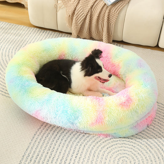 Fluffy Donut-Shaped Pet Bed- Soft, Cozy, and Anti-Anxiety for Dogs and Cats, Machine Washable  Size:S 60*50*18cm