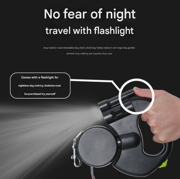 Replaceable Battery Dog Leash with Flashlight - Ideal for Night Walks, Suitable for Small to Large Breeds