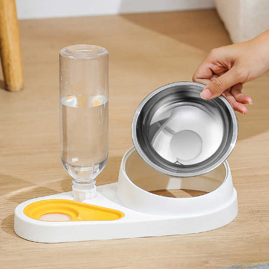 Pet Bowl Set with Automatic Gravity Water Dispenser - Stainless Steel & PP Feeder Station