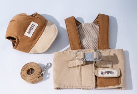 Brown Pet Sun Hat with Adjustable Strap + Leash & Harness 3-Piece Set - Breathable Summer Cap for Dogs & Cats with Ear Holes